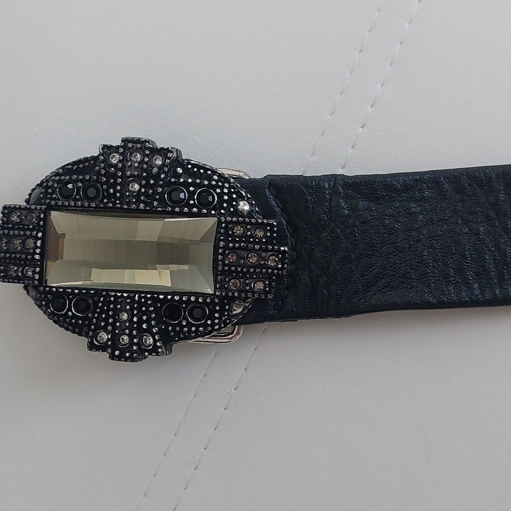 BRAVE, Black Leather Belt with Stones Buckle - Picture 5 of 6